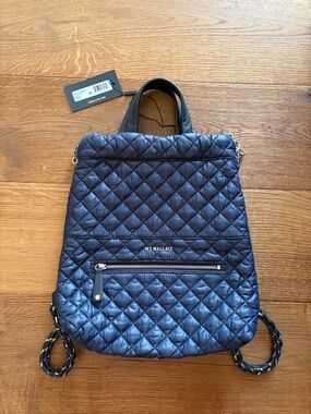 MZ Wallace Quilted Navy Nylon Backpack Tote with Silver Hardware